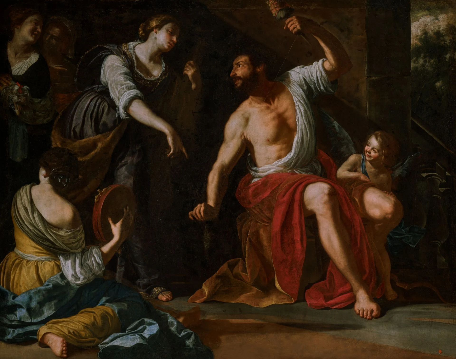 A Renaissance painting showing Omphale, a queen, gazing at Hercules, the Greek hero, who sits down, spooling a thread, wearing white and red.